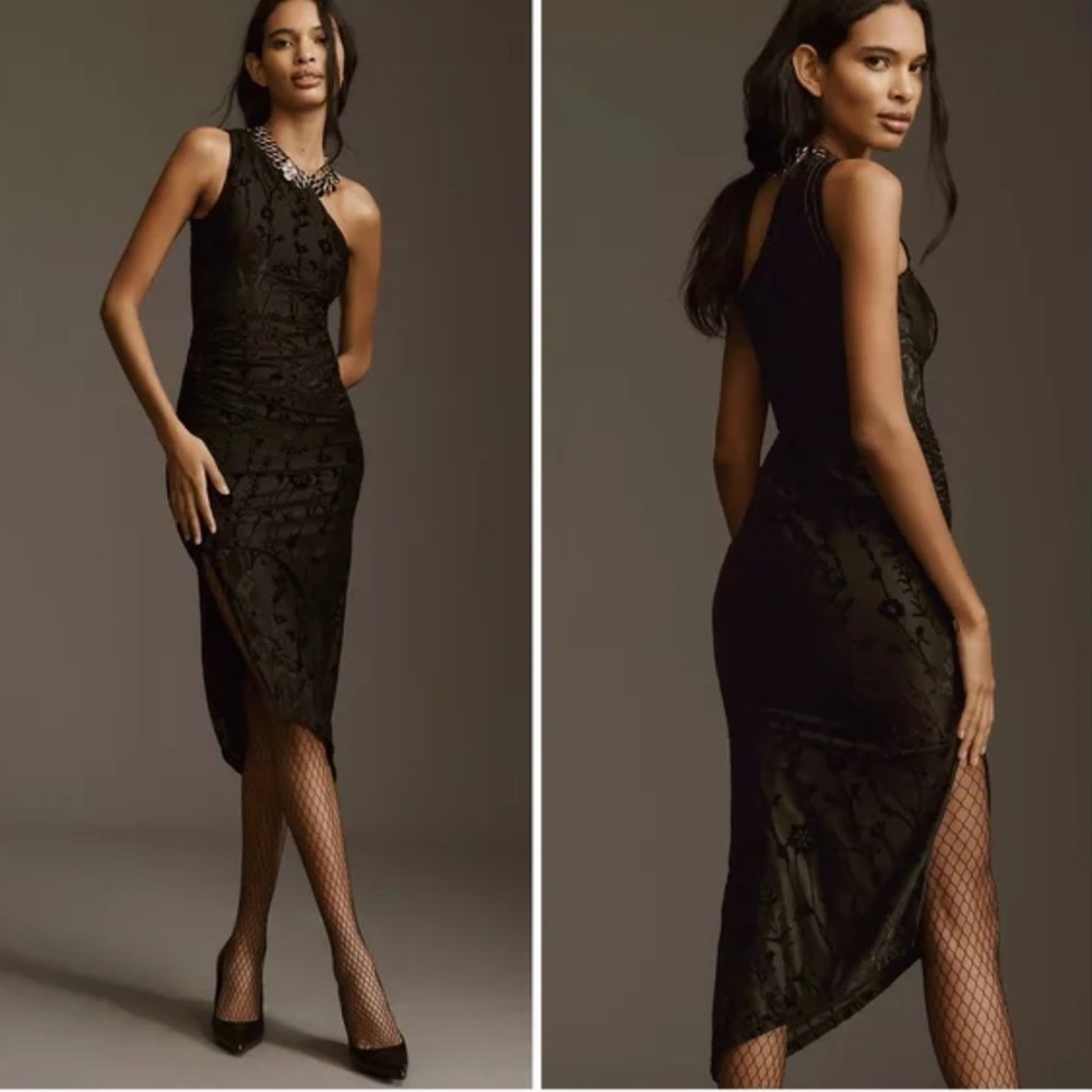 NWT Anthropologie Hutch One Shoulder Ruched Velvet Asymmetrical Dress Black MP
